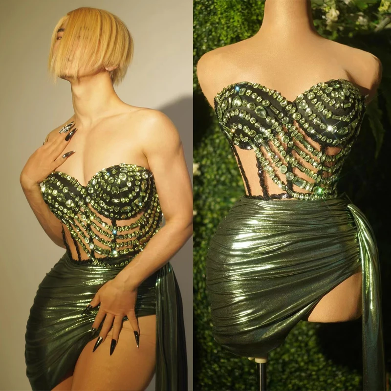 Sexy Stretch Green Rhinestones Dress Pole Dance Dress Women Drag Queen Costumes Stage Rave Outfit Bar Ds Dj Gogo Wear XS8227