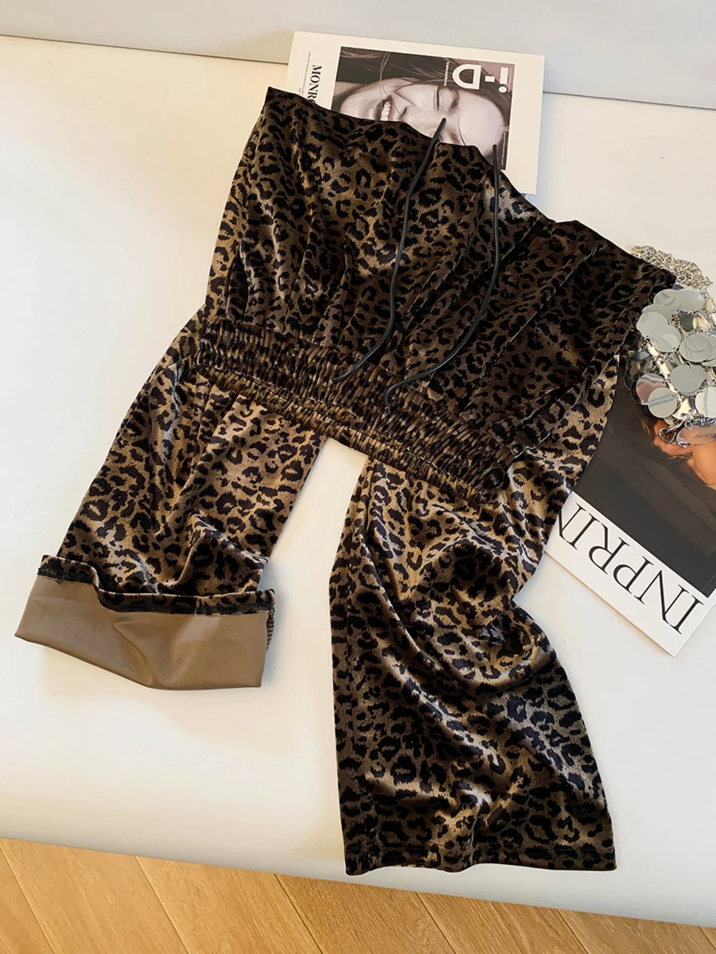 

Soft Velvet Wide Leg Pants High Waist Slimming Women's Long Trousers Gold Tead Leopard Print Commute Sle Korean Version