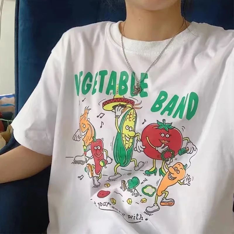 Funny VEGETABLE BAND Retro Cartoon Graphic Tee Cotton Mens Womens T-Shirt Summer Streetwear