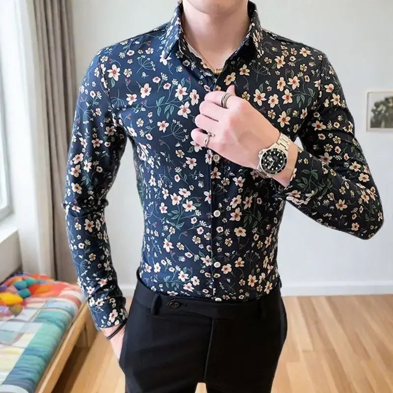

Men's New Long-sleeved Shirt Printed Casual Trendy Korean Version of Unsilent Shirt Handsome Floral Hairstylist JJ837