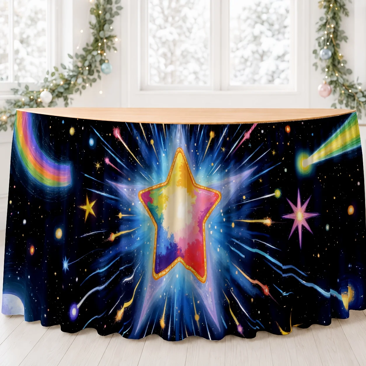 One table skirt: Starburst universe rainbow galaxy space nebula polyester vibrant illusion retro futuristic decoration