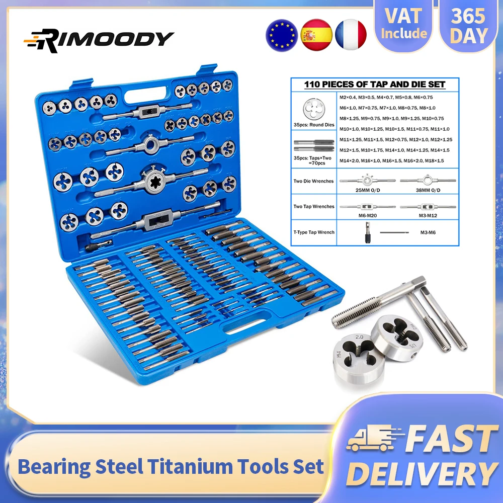 Rimoody 110 pièces robinet et matrice roulement acier titane outils ensemble métrique et Standard taraud et matrices supports outil voiture réparation ensemble d'outils boîte