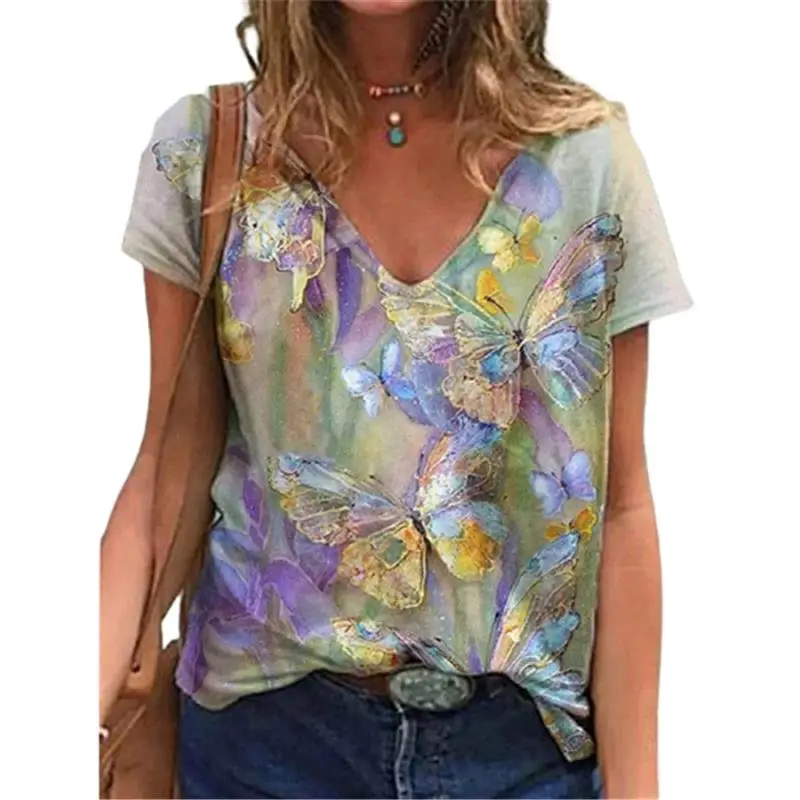 Fashion Butterfly 3D Print T Shirt Ladies T-Shirts V-Neck Oversized Tees Women Tops Summer Streetwear Harajuku Y2k Clothes