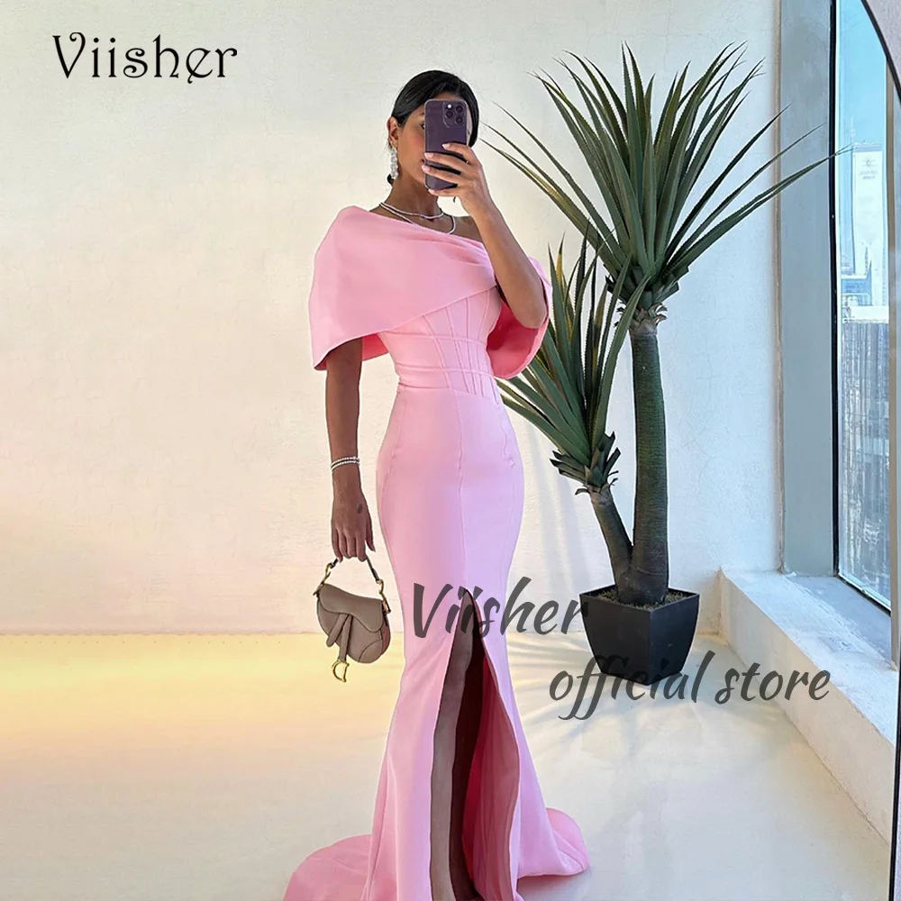 Viisher Pink Mermaid Evening Dresses with Slit Off Shoulder Arabic Dubai Prom Dress Outfits with Train Long Evening Party Gowns