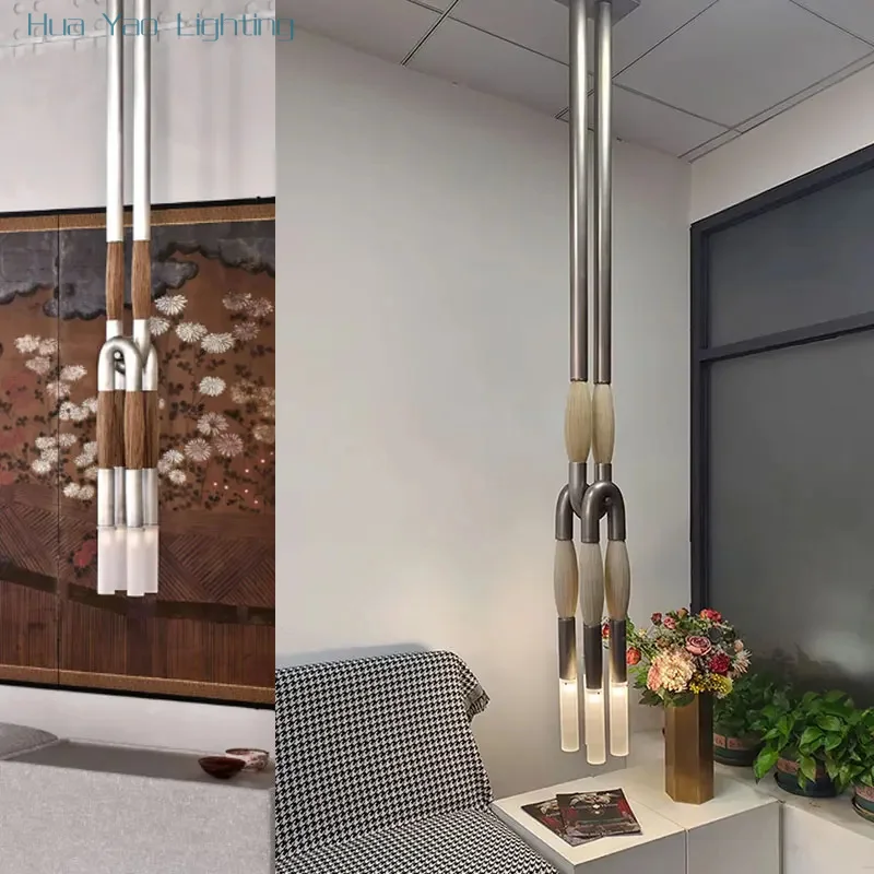 Apparatus-Horsehair Brass Led Chandelier American Vintage Brown Copper Pendant Lamp For Bedroom Dining Living Room Wall Lamps