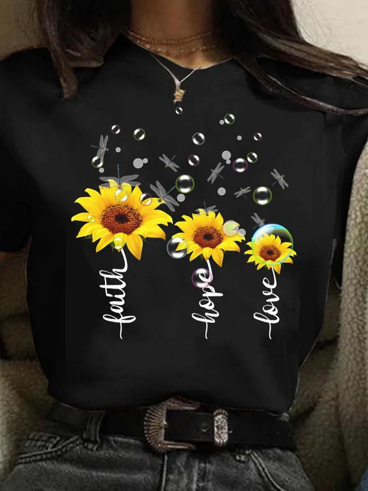 Love Sunflower Daisy Print Women Female Flower Tshirt Harajuku Short Sleeve Black T Shirts Cartoon Casual Woman Tops Clothes