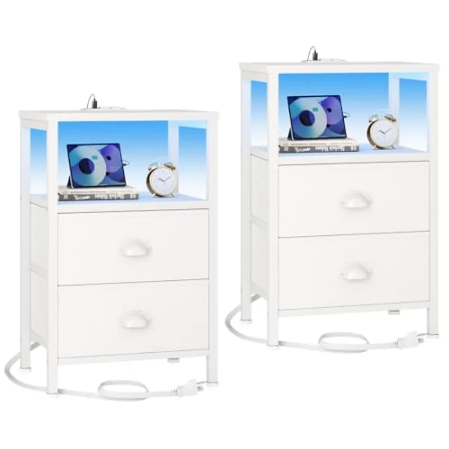

Set of 2 Nightstands with Charging Station and LED Lights White Fabric Drawer Bedside Tables for Living Room Bedroom