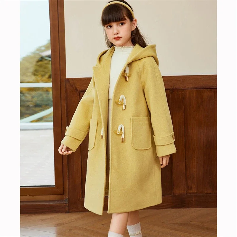 Girls Woolen Coat Jacket Windbreak 2024 Hooded Warm Thicken Winter Cotton Overcoat Plus Size Children's Clothing