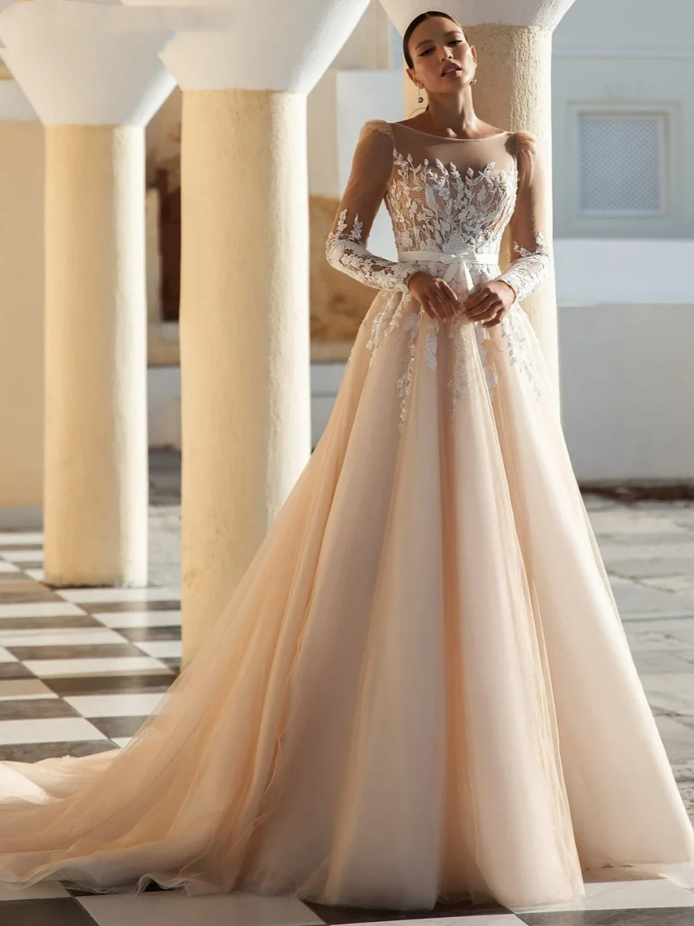 

Flavinke Customized Elegant Champagne Sequined Lace Appliques Wedding Dresses O-neck Long Sleeve Bridal Gown A-line Dresses