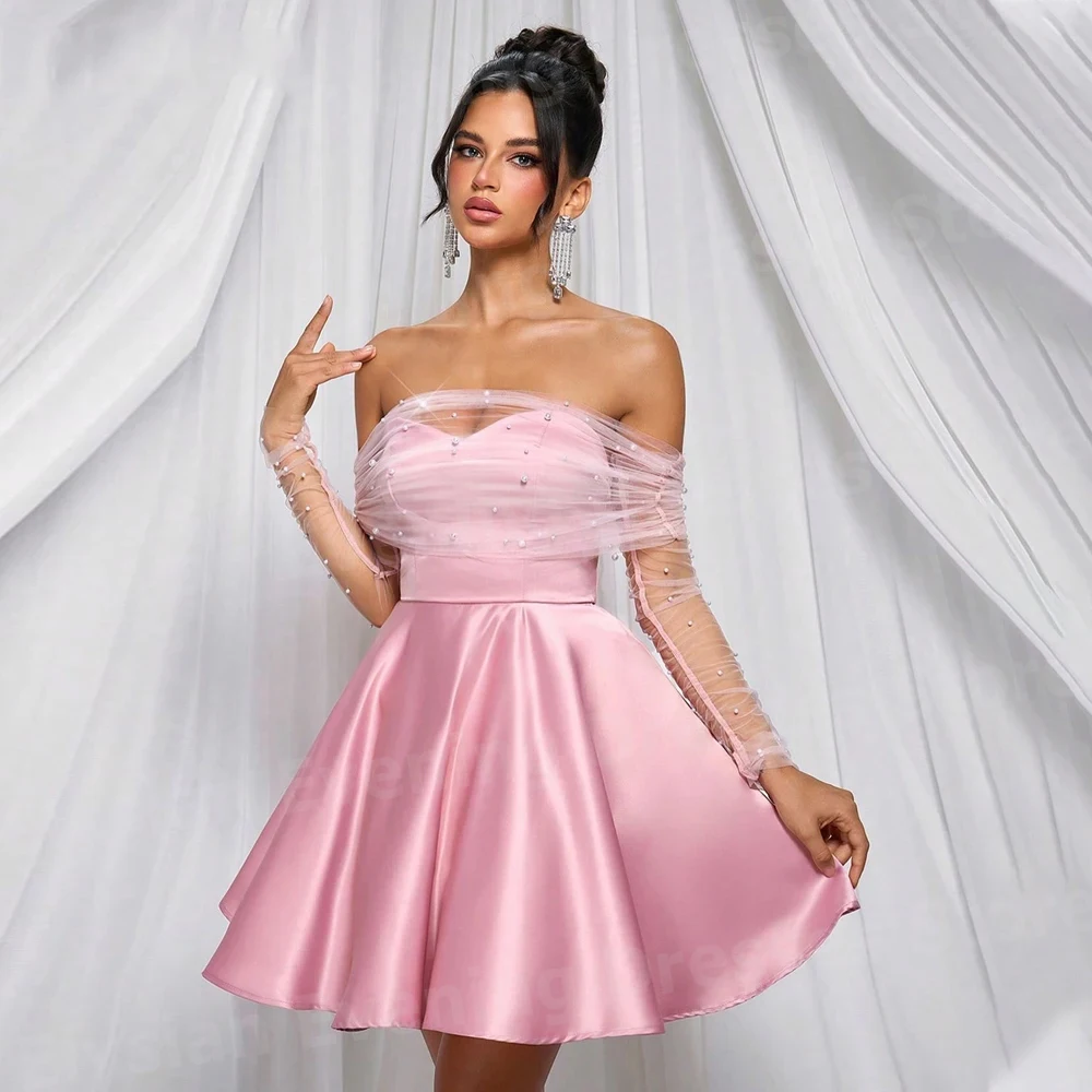 

Sexy Mini Women's A Line Evening Dresses Off Shoulder Customized Prom Gowns Long Sleeve Homecoming Vestido De Gala Noche Mujer
