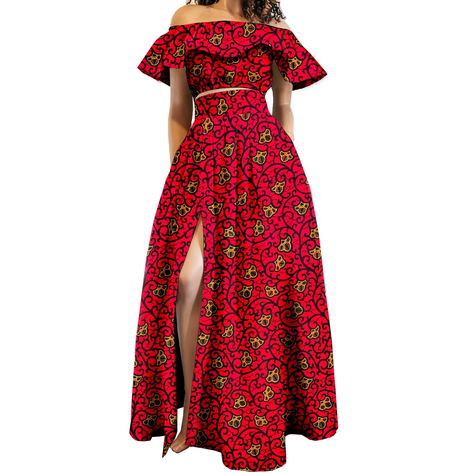 

Африканское платье для женщин, укороченный топ с открытыми плечами и макси-юбка, комплект из 2 предметов, одежда Анкары Дашики