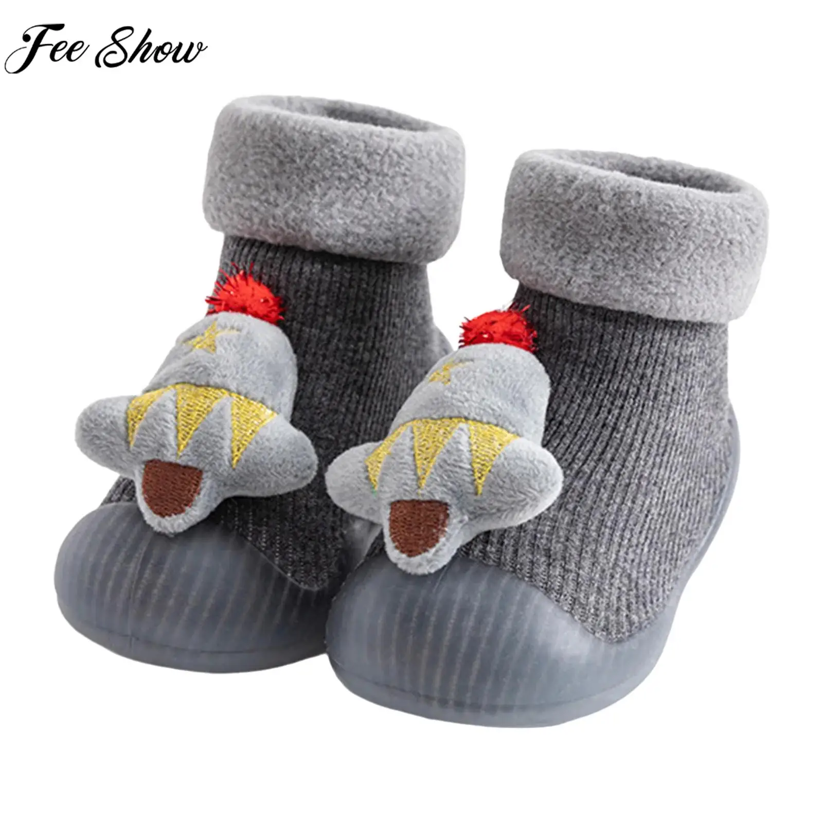 

Baby Christmas Cute Prewalker Fleece Lined Sock Shoes Non-Slip Wear-Resistant Rubber Sole Walking Slipper for Xmas Photography