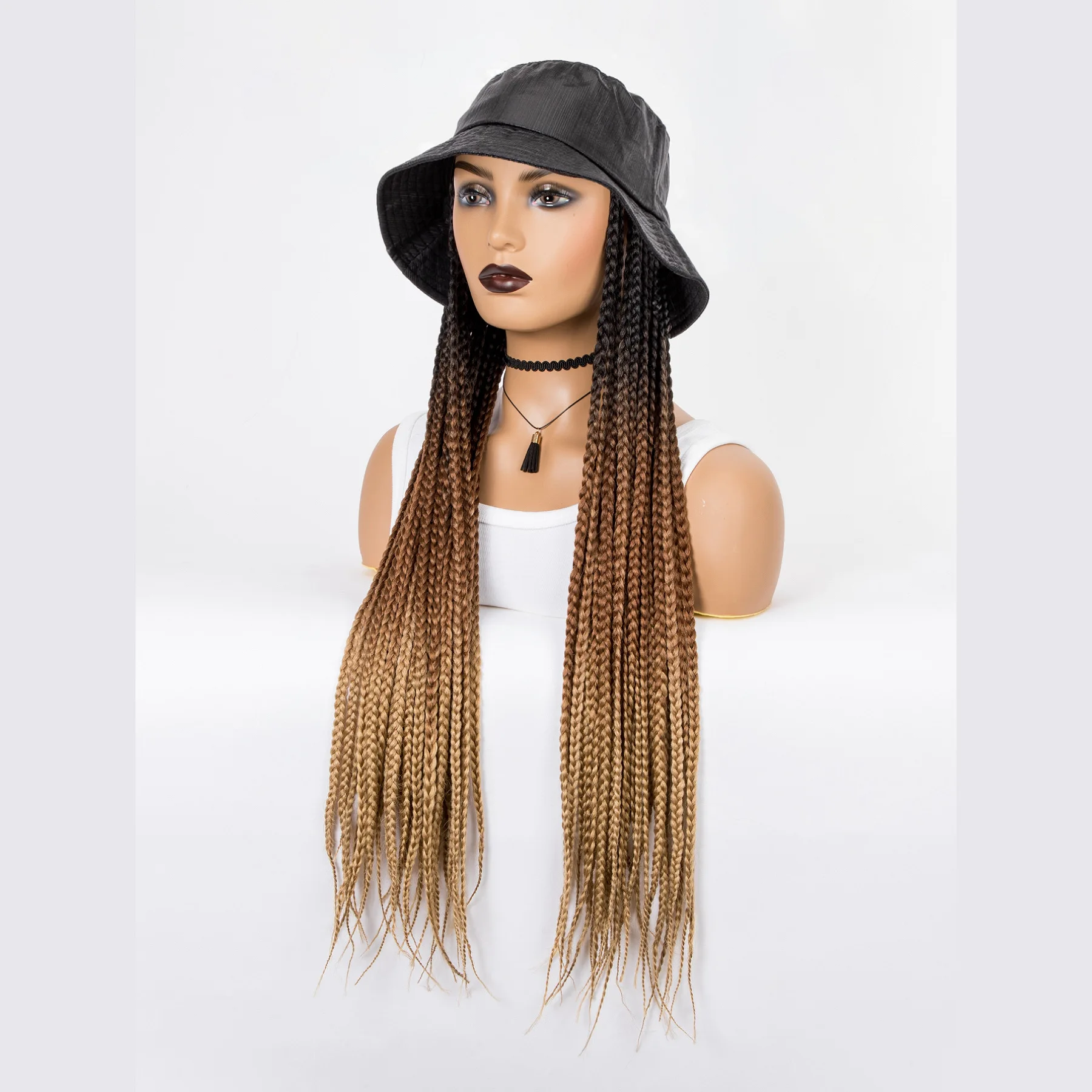 WIGERA Long 24“ Ombre Black Light Brown Box Braided Synthetic With Cap Braiding Braids With Hair Extensions With Bucket Hat Wigs