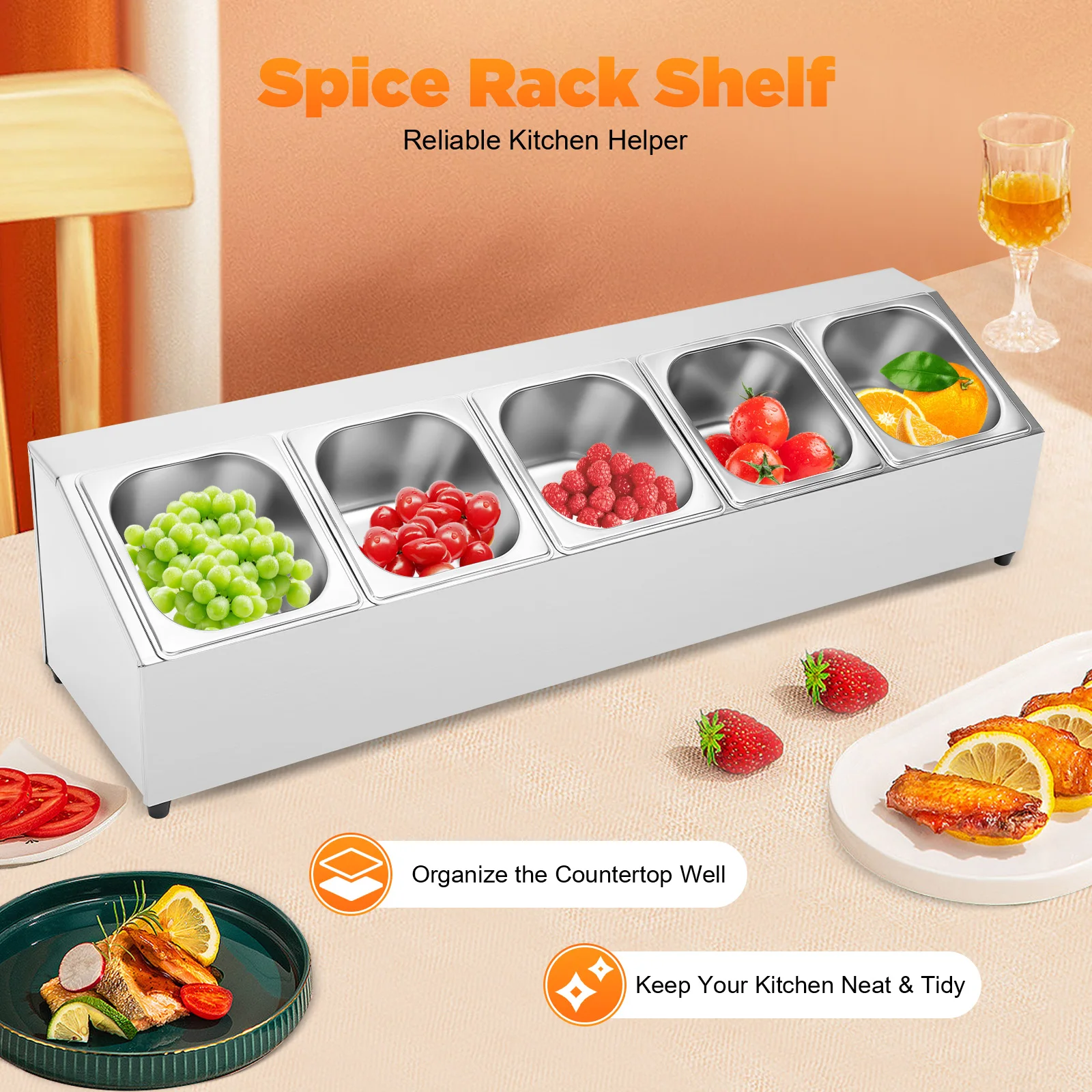 

Spice Rack Shelf, One Row, Stainless Steel Organizer Stand with Five 1/6 Pans