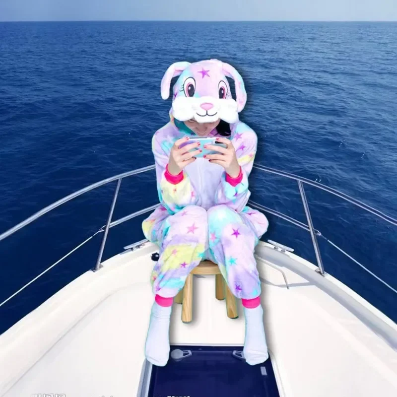 Adult Spring Fall Cartoon Animal Pijamas Sleepwear Rainbow Star Rabbit Jumpsuits Girls Suit Sets Bunny