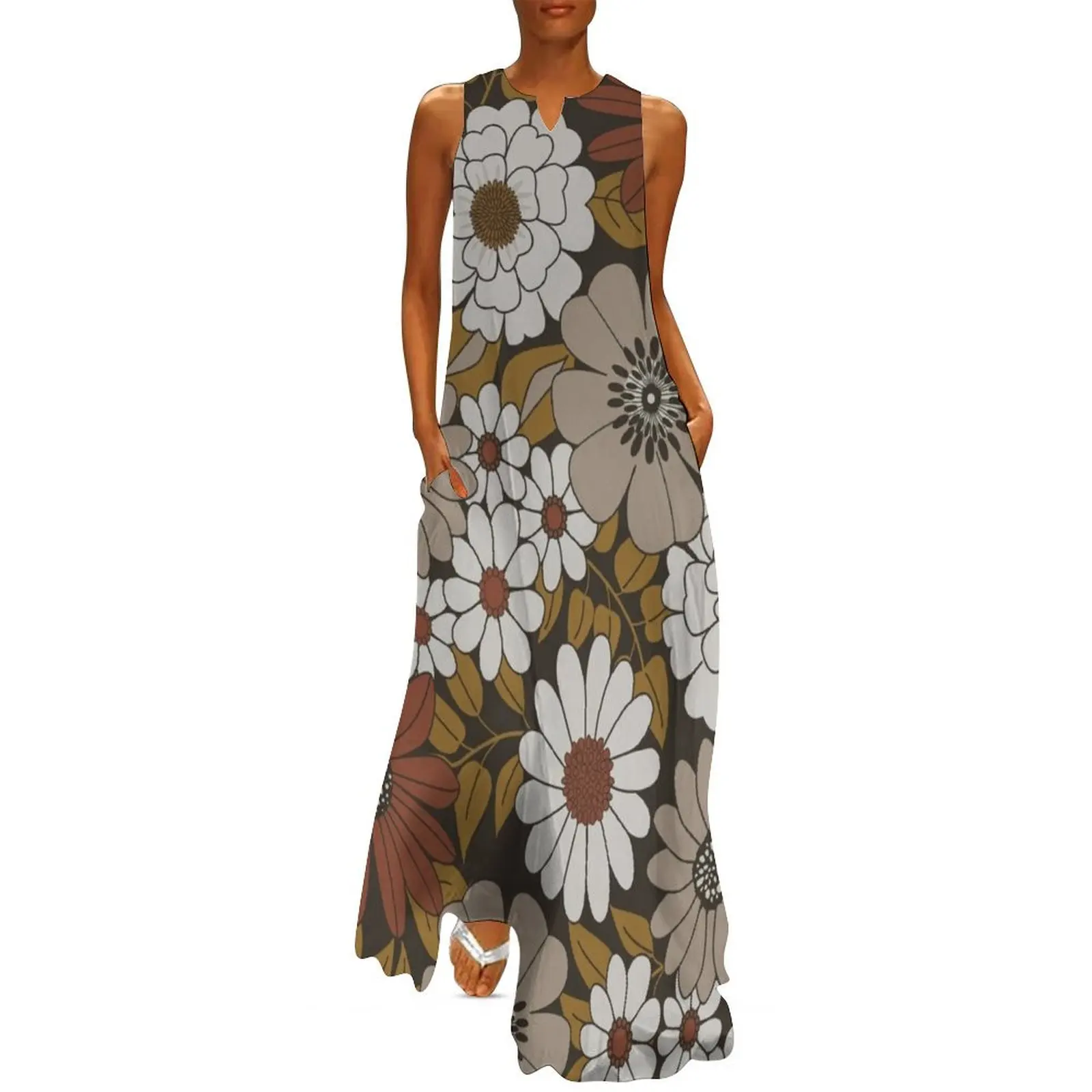 

Brown, Orange, and Ivory Retro Flower Pattern Long Dress Clothing female beach outfits for women women party dresses