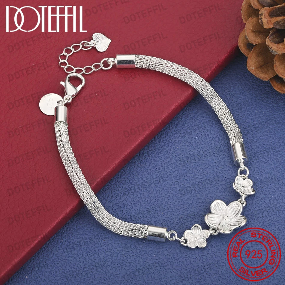 

925 Sterling Silver 8-inch Exquisite Flower Bracelet for Women, Wedding Gift, Party Jewelry Accessories