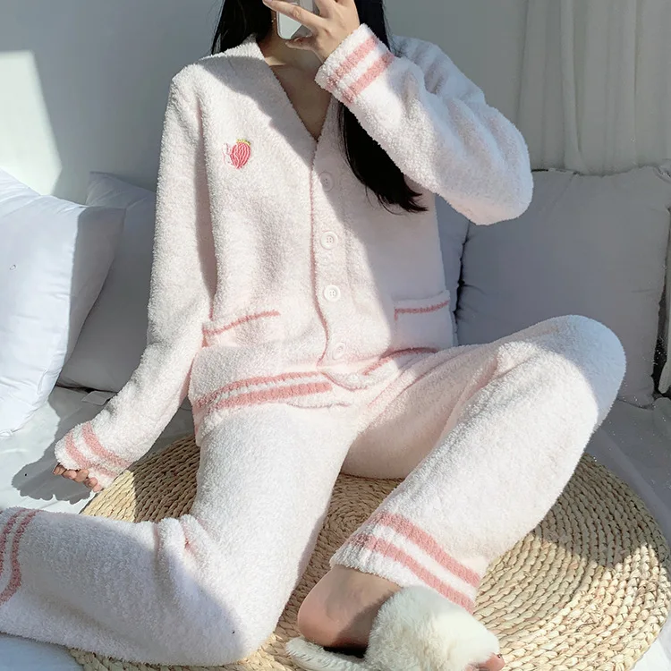 Korea Style Women's Winter Pajama Set Coral Velvet Long Sleeve Ladies 2 Pcs Sleepwear with Pant Warm Pijama Suit for Female