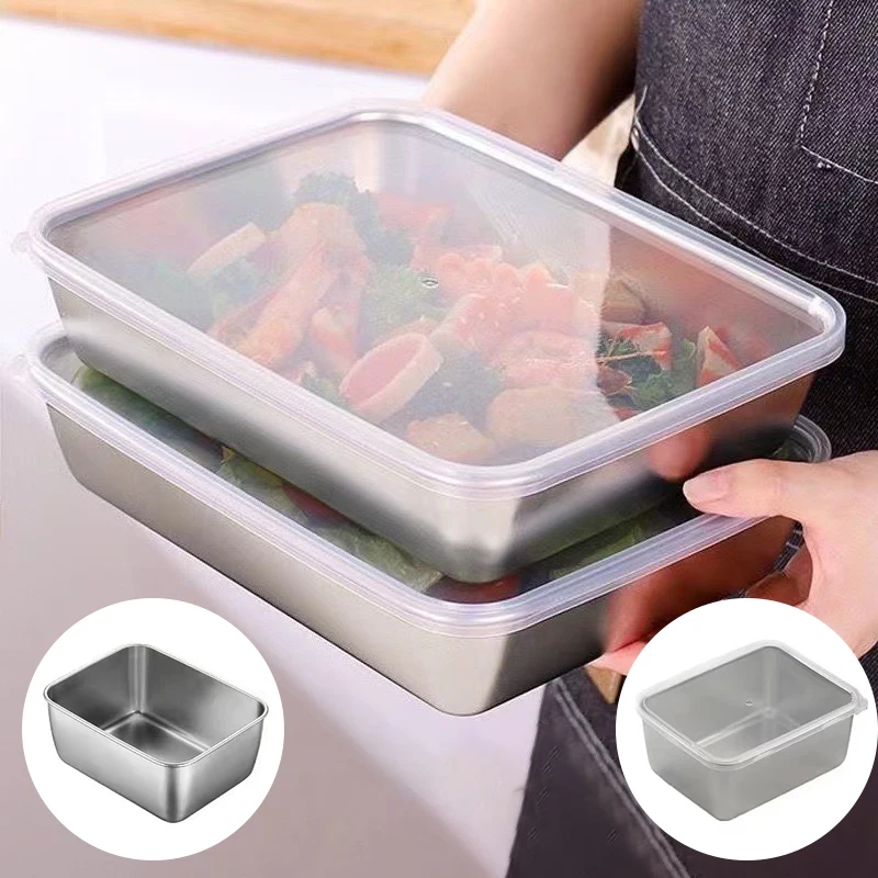 1PC Stainless Steel Refrigerator Food Storage Box With Plastic Lid Prepare Food Freshness Preservation Box Picnic Box