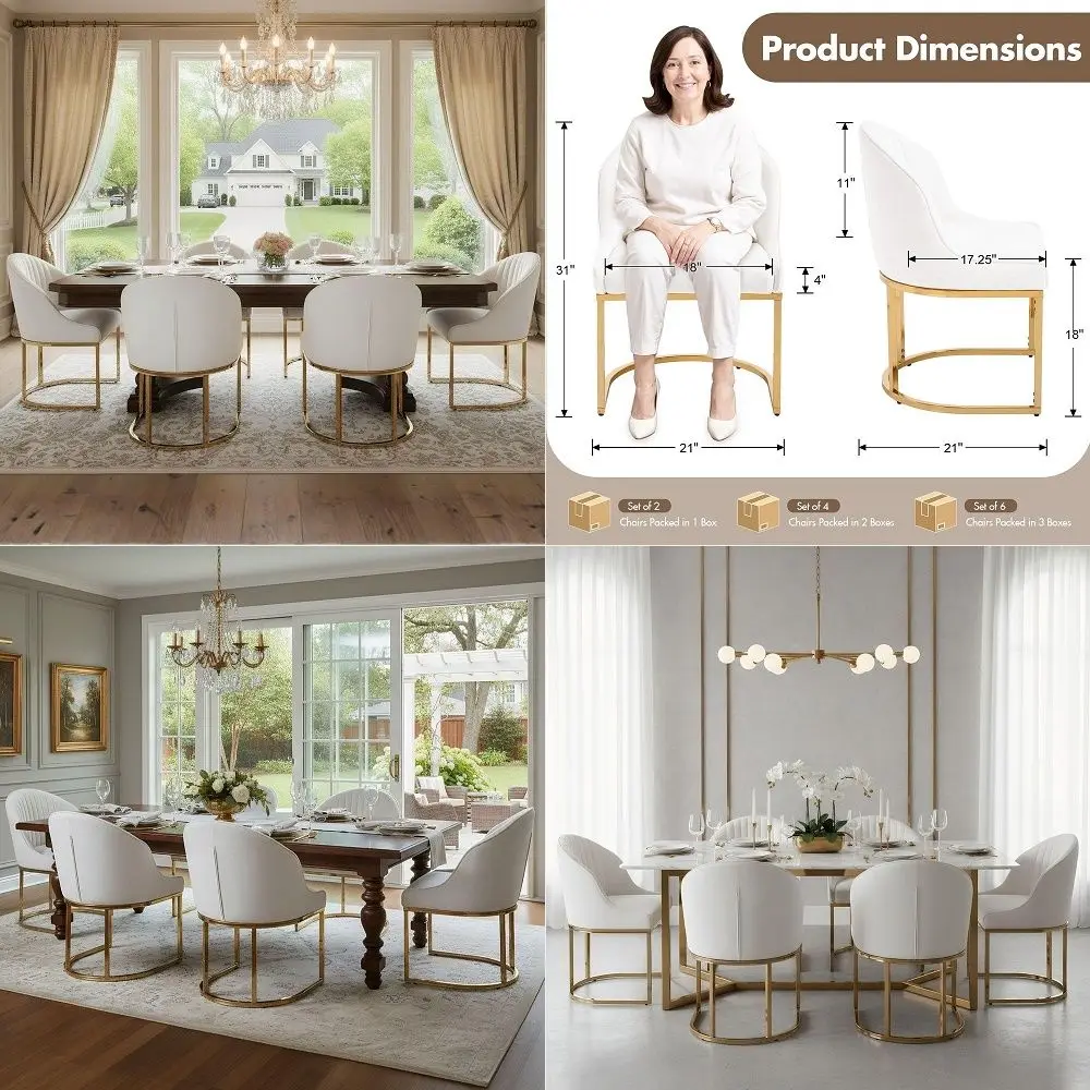 

Modern White Dining Chairs Set of 6,Fabric Upholstered Kitchen Chairs with Gold Metal Legs, Padded Fabric Accent Chairs for Liv