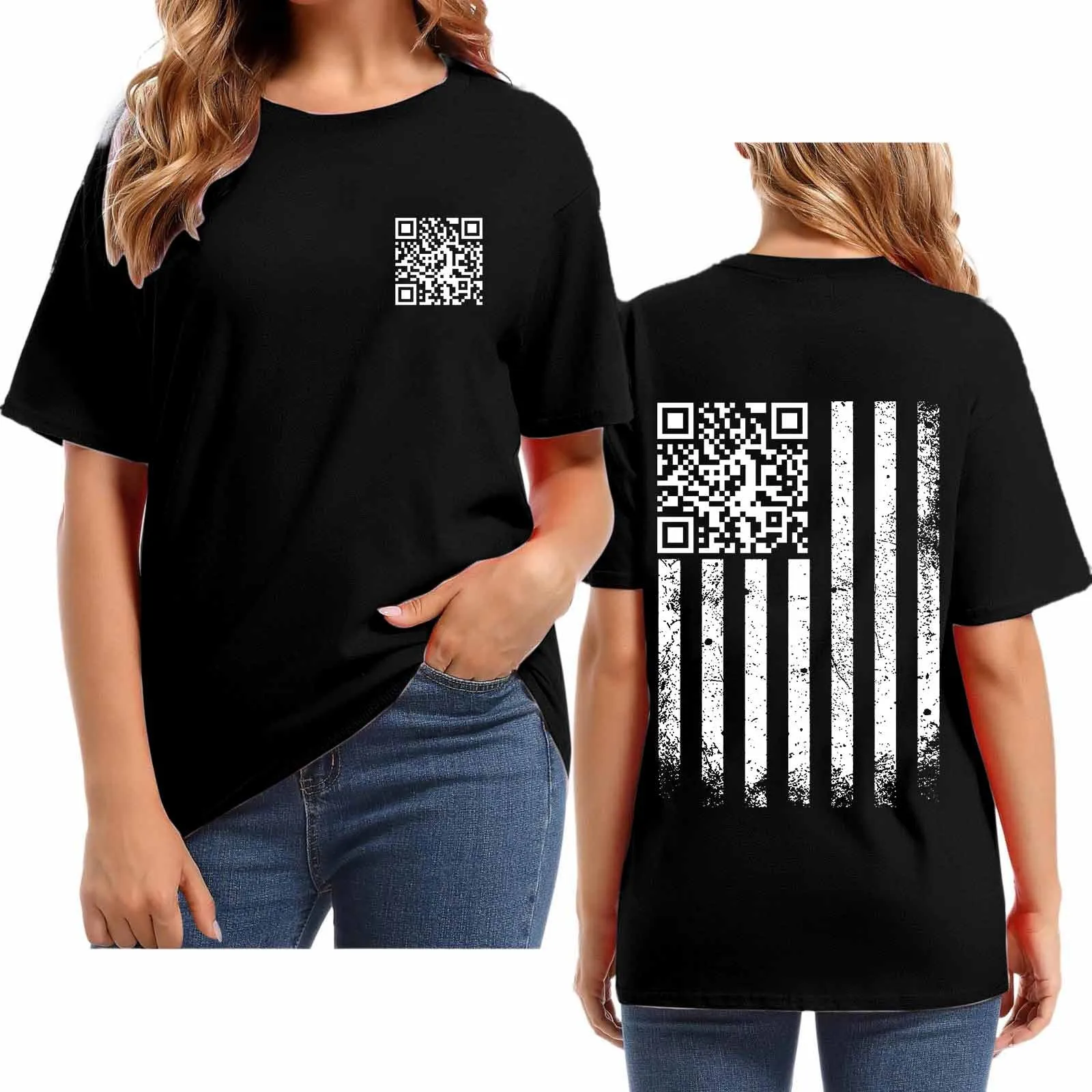 2025 New QR Code Printed T-Shirt Oversized QR Code Pattern On The Back Tees Fashion Trend Printed Top Casual All Match Tops