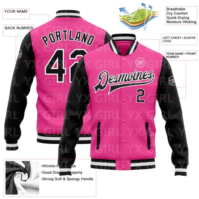 Custom Pink Black-White Bomber Full-Snap Varsity Letterman Two Tone Jacket 3D Printed Baseball Button Jacket