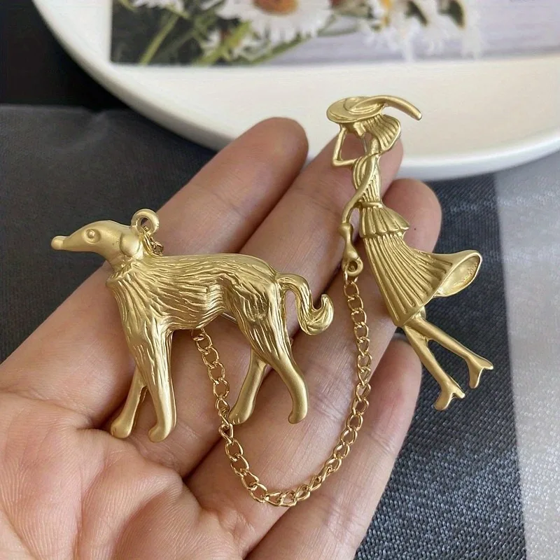 Fashion Lady Walking Dog Chain Brooch Women Suit Pin