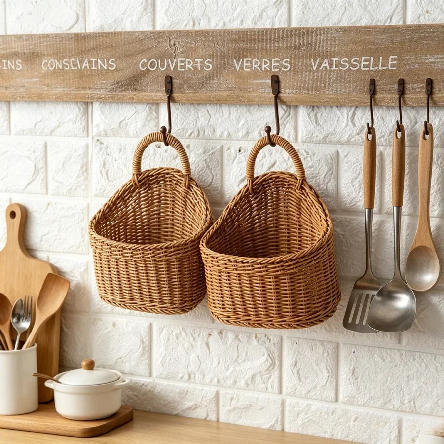 Handgewebter Hängender Rattan-Aufbewahrungskorb Weihnachtliche Wanddekoration Organizer für Küche Bad Kinderzimmer Schrank Café Blumentopf – Detail 5