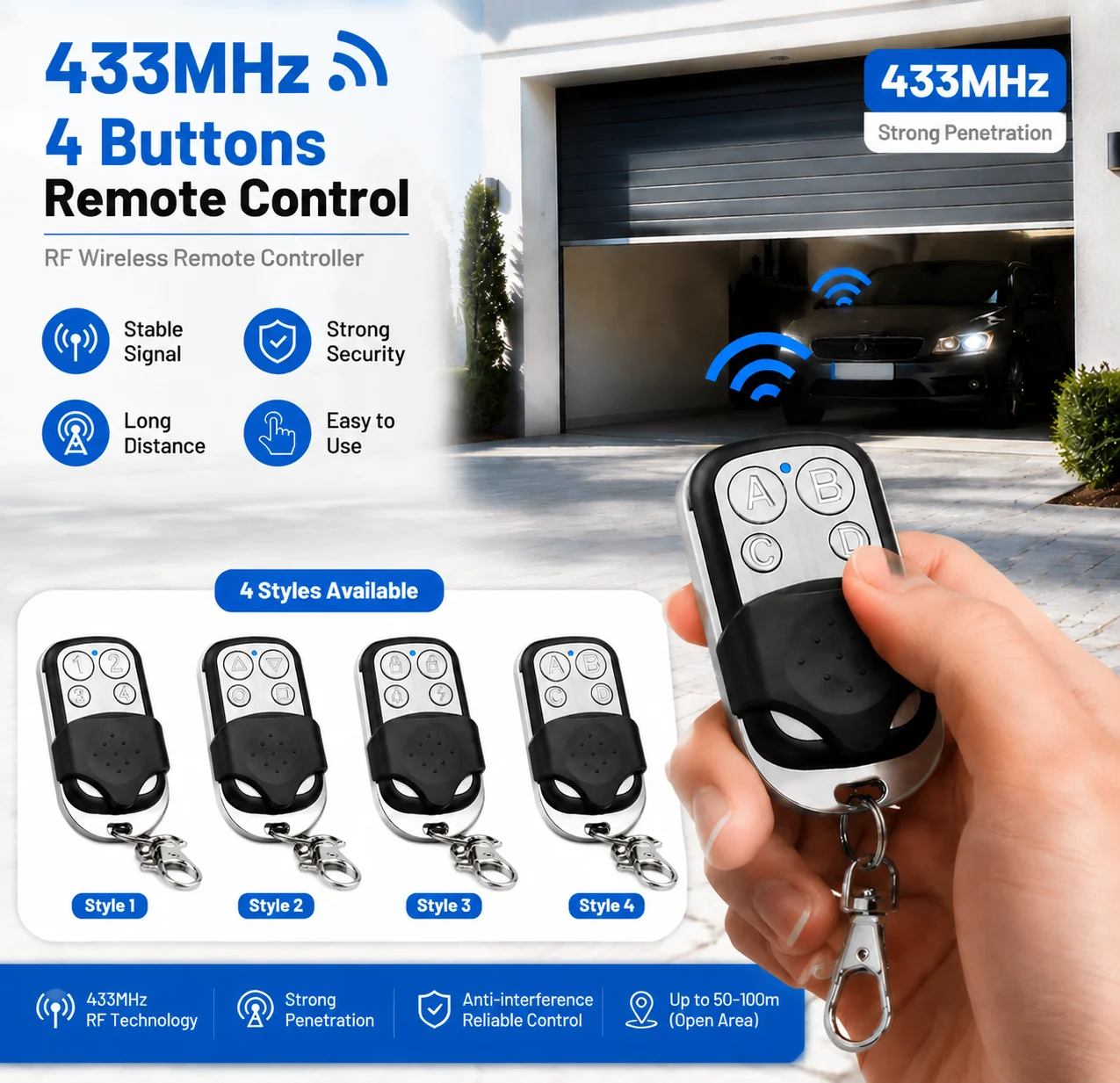433MHz Remote Control Metal Push Button Transmitter Universal 4 Buttons Garage Door Opener Remote for RF Devices Home Automation