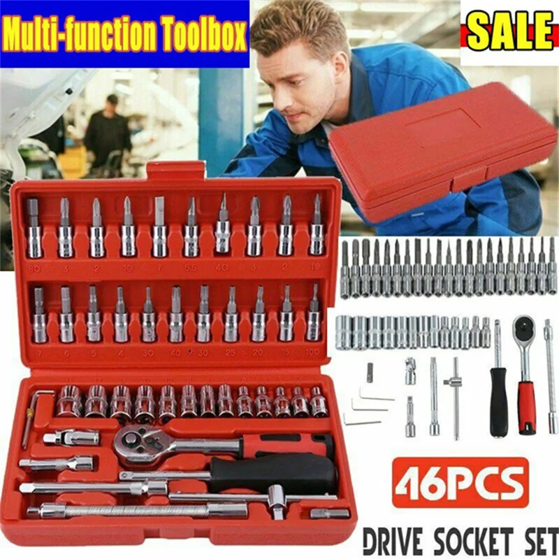 46pcs/set Ratchet Wrench Socket Combination Set Car Professional Repair Tool Box