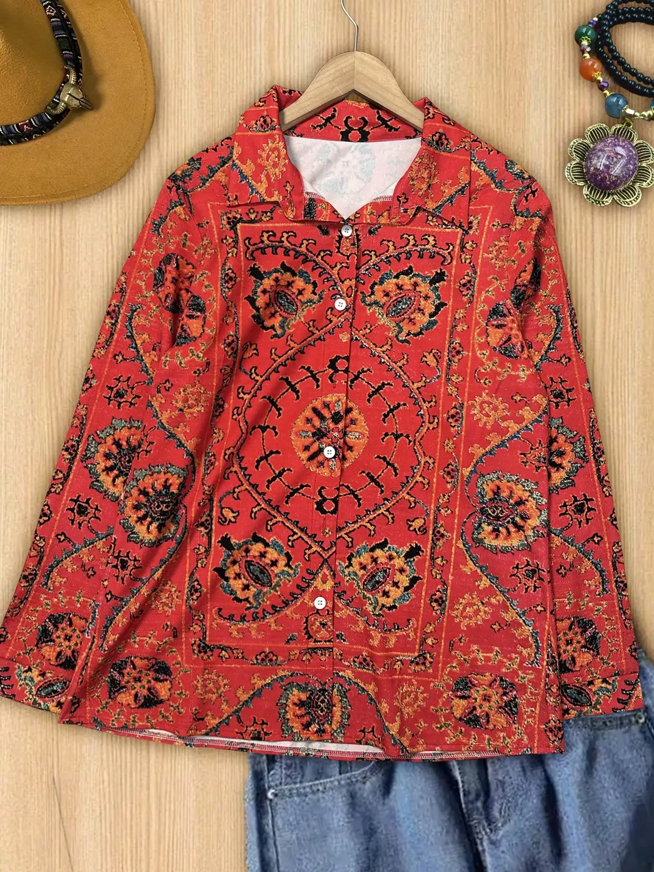 Women's Casual Commuter Shirt Bohemian Geometric Print Long Sleeve Shirt