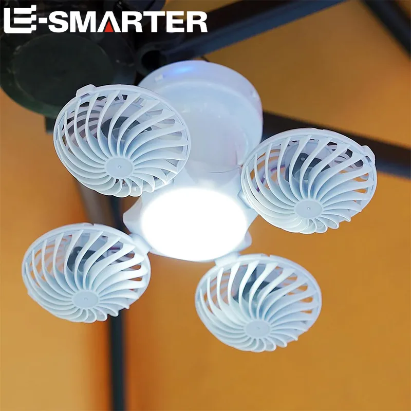 2-in-1 Fan+Lighting Essential Foldable Ceiling Fan Light LED Solar Bulb Lamp with 4 Mini Fan for Outdoor Camping Cooling Lightin