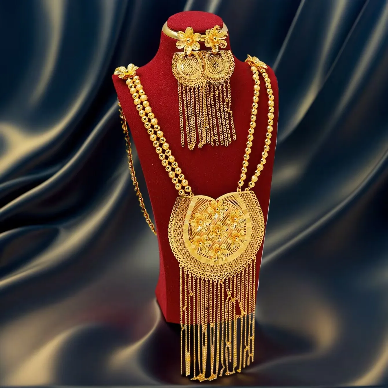 Baru Dubai Nepal Spanyol 24K Berlapis Emas Paduan Kalung Anting Pesta Pertunangan Perhiasan Set Hadiah untuk Wanita YY10679