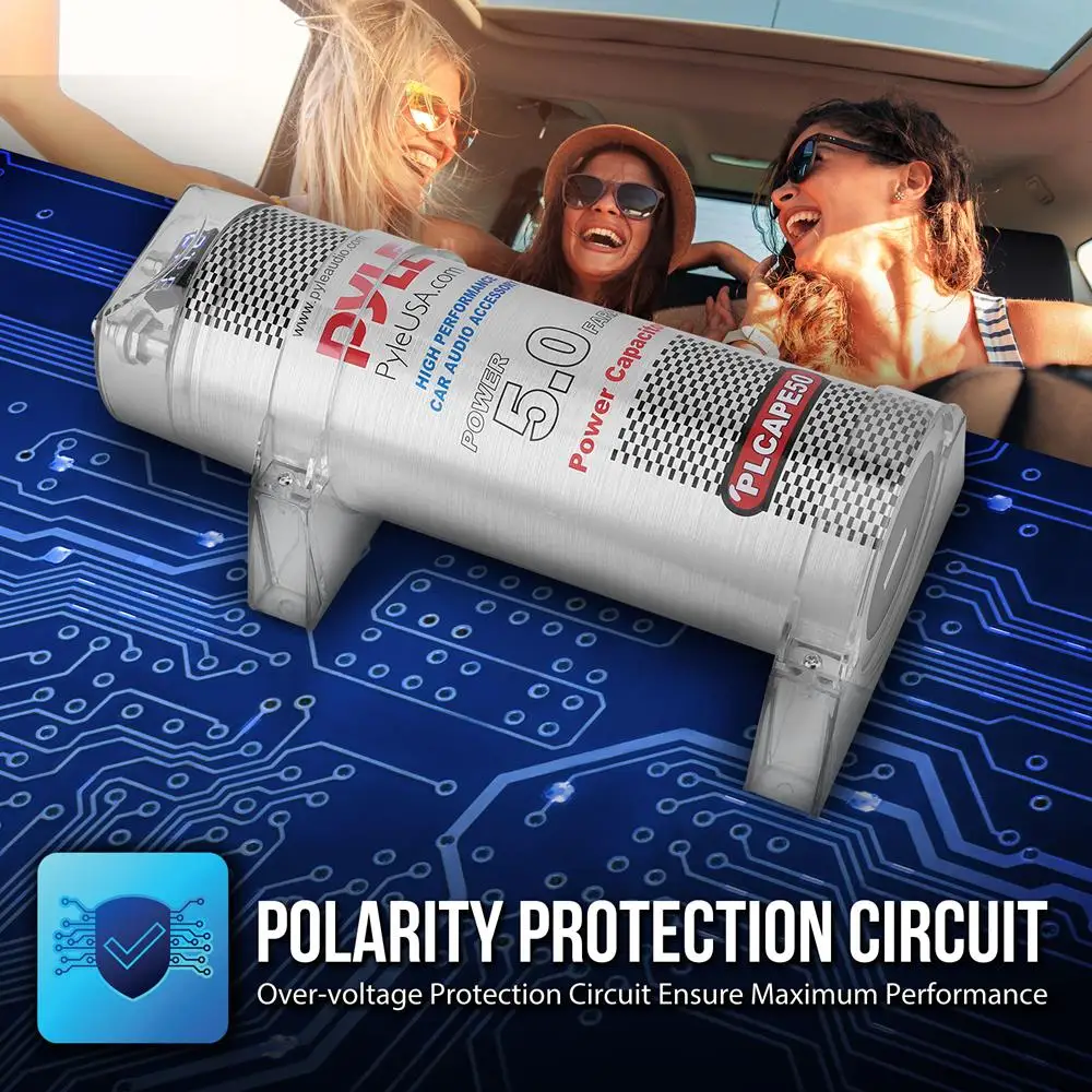 Pyle 5.0 Farad Digital Power Capacitor - High-Performance Car Audio Accessory with Blue Digital Display, Voltage Readout