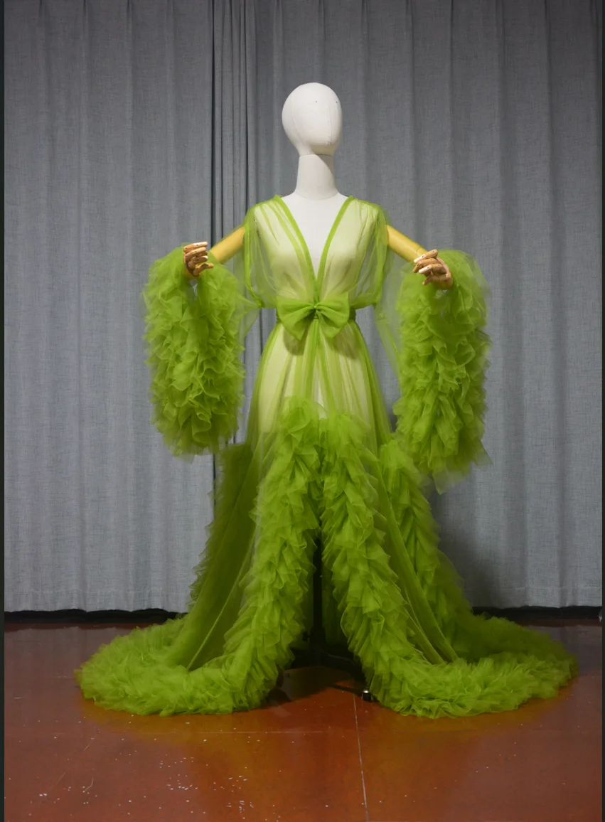 Vestaglia da Donna Trasparente in Tulle Lungo, Abito Premaman Vaporoso per Baby Shower, Camicia da Notte