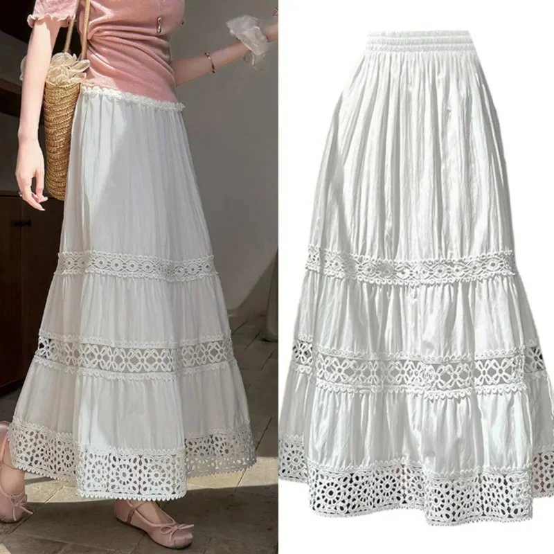 

Flower Midi Dresses Hollow Out Dresses Y2K Industry Hollow Out Splicing High Waist Skirt Women 2025 Sweet Lace Mid Length Skirt