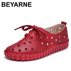BEYARNE Spring and summer new genuine leather shoes women hollow female Lace genuine leather flats women shoes casual shoes wome