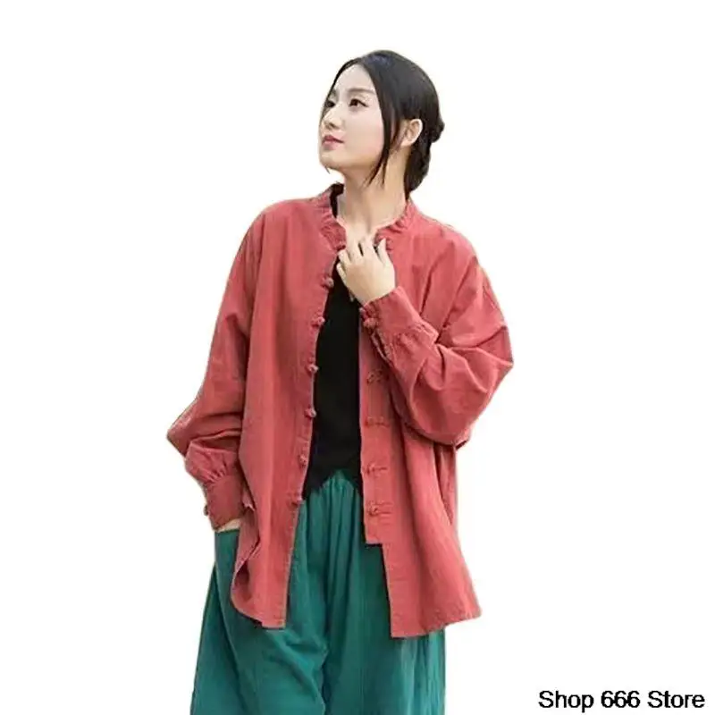 2024 Women Chinese Traditional Tang Suit Linen Zen Tea Hanfu Cardigan Ladies Tai Chi Kung Fu Tops Vintage Cotton Femal Clothing