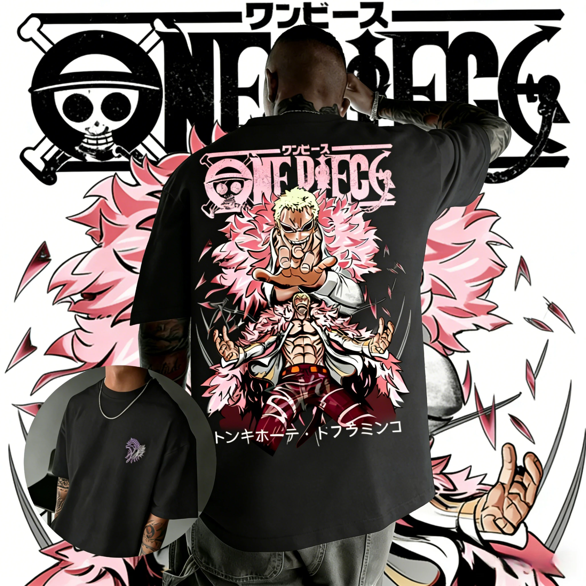 

Летняя хлопковая футболка 2026 года с принтом Donquixote Doflamingo, винтажная, розовая, с перьями, уличная одежда для мужчин, женщин, подростков, фанатов аниме