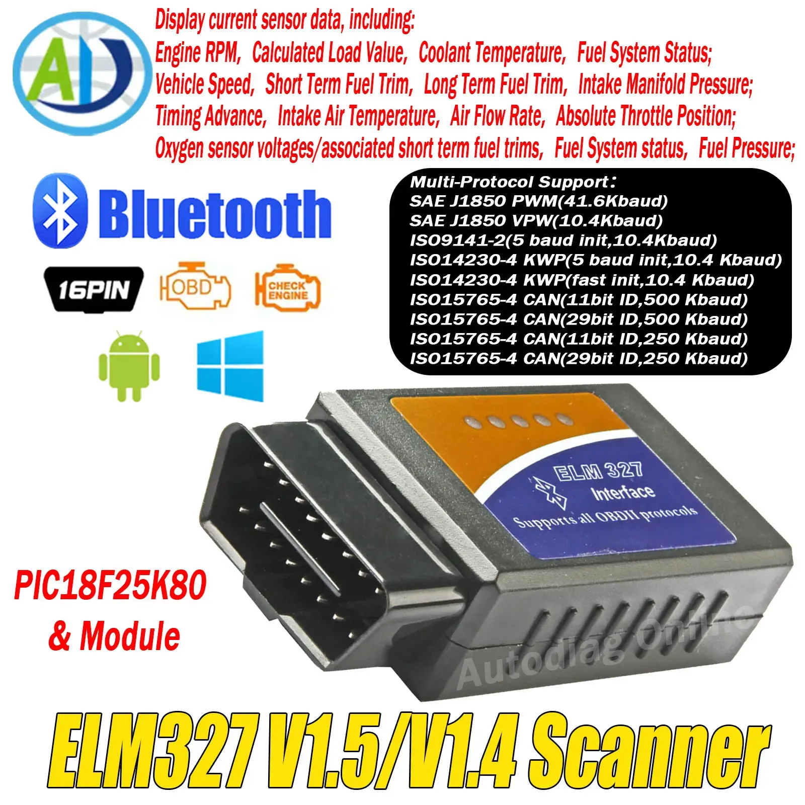 ELM327 V1.5 Bluetooth Scanner Original PIC18F25K80 Chip Car OBD2 Code Reader OBDII Diagnostic Scan Tool for IOS/Android/Windows