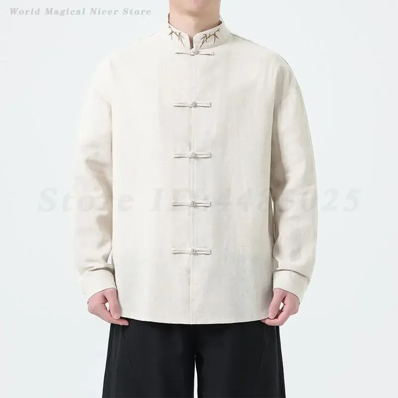 الصينية التقليدية تانغ البدلة سترة موحدة الكونغ فو معطف كبير الحجم الرجال بلوزة طويلة الأكمام الرجعية قميص خمر زر حتى Hanfu #6