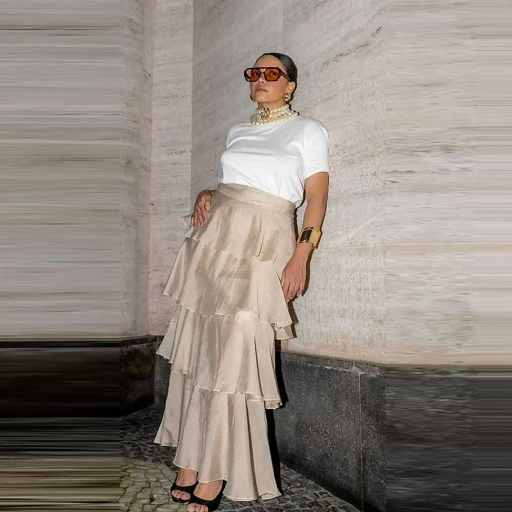 

Long Maxi Skirts High Waist Tiered Sheath Light Champagne African Women Birthday Party Skirt