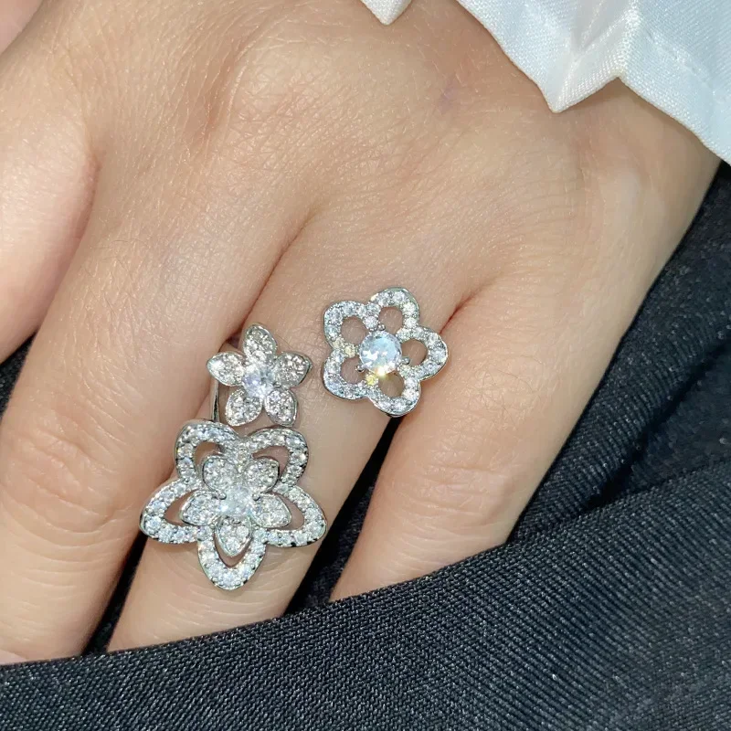 MDL Moissanit1 نمط زهرة جميلة خاتم 18K مطلية بالذهب متعدد قطع الزركونيوم خاتم فاخر خفيف الموضة #4