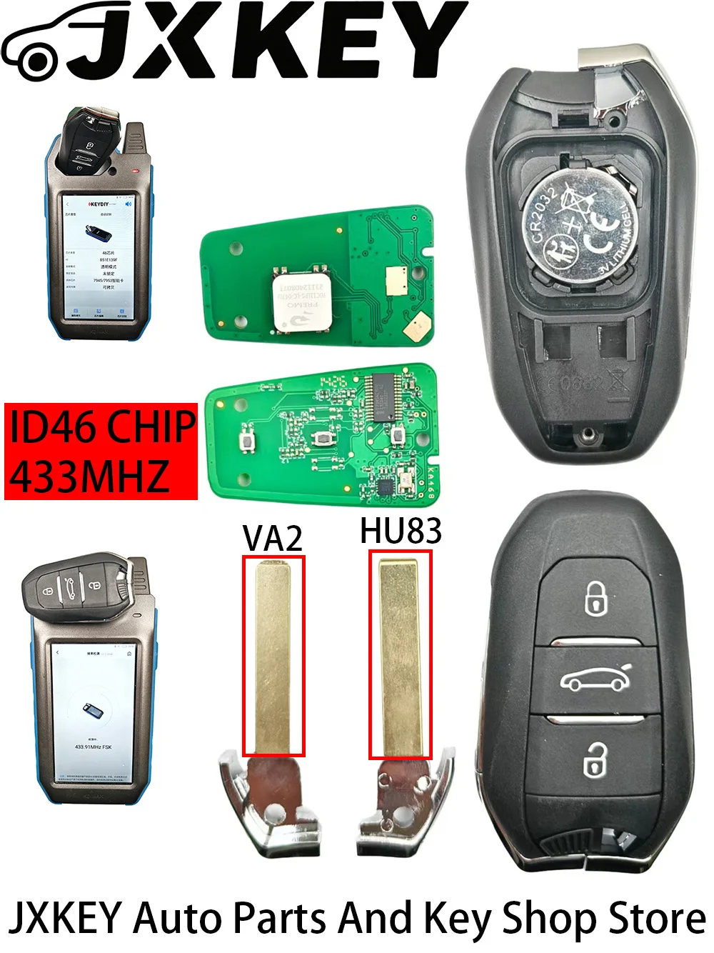 

JXKEY 3 Buttons 433MHz Smart Keyless Go Remote Key ID46 Chip For Peugeot 308 408 508 5008 Emergency key HU83/VA2