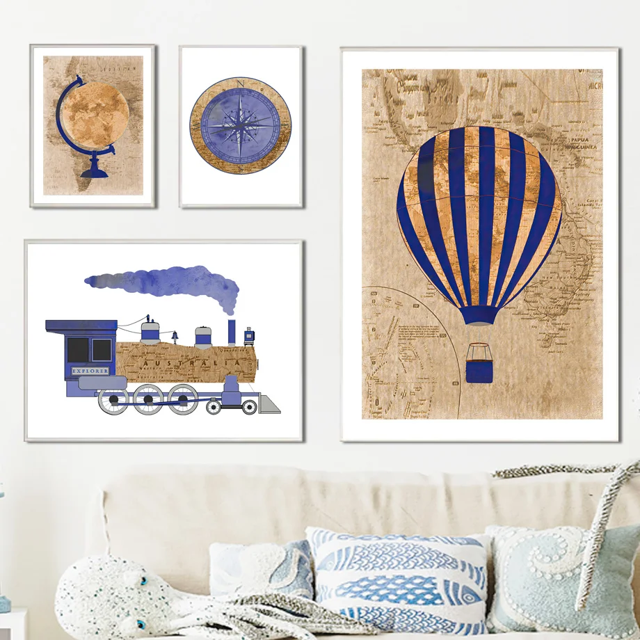 Cartoon Hot Air Balloon Globe Airplane Car Train Nursery Wall Art Canvas Painting Posters & Prints Pictures Baby Kids Room Decor