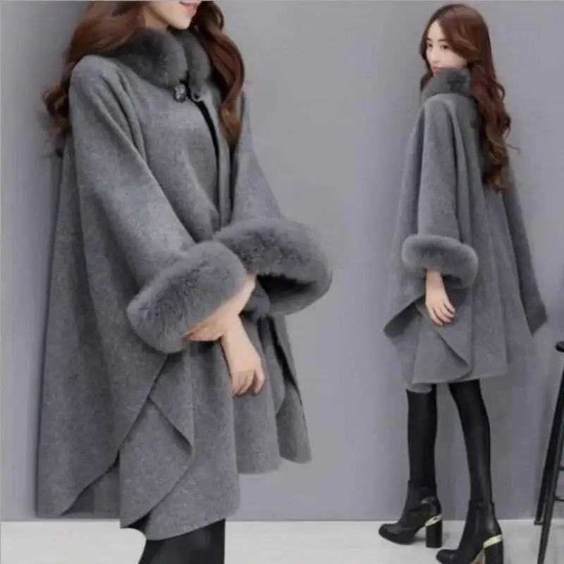 Elegant Autumn/Winter Large Rabbit Fur Collar Woolen Overcoat Medium-Length Mantle Jacket For Women