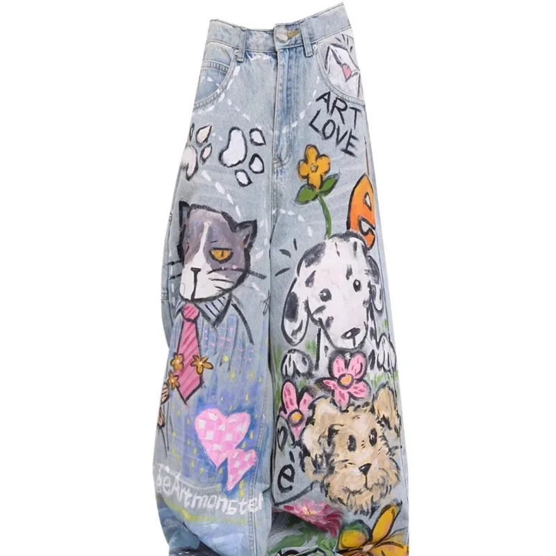 Women's American-Style Jeans Casual Cool Retro Graffiti Print Straight Loose Fit Fashionable Unique High-Street Wide-Leg Pants