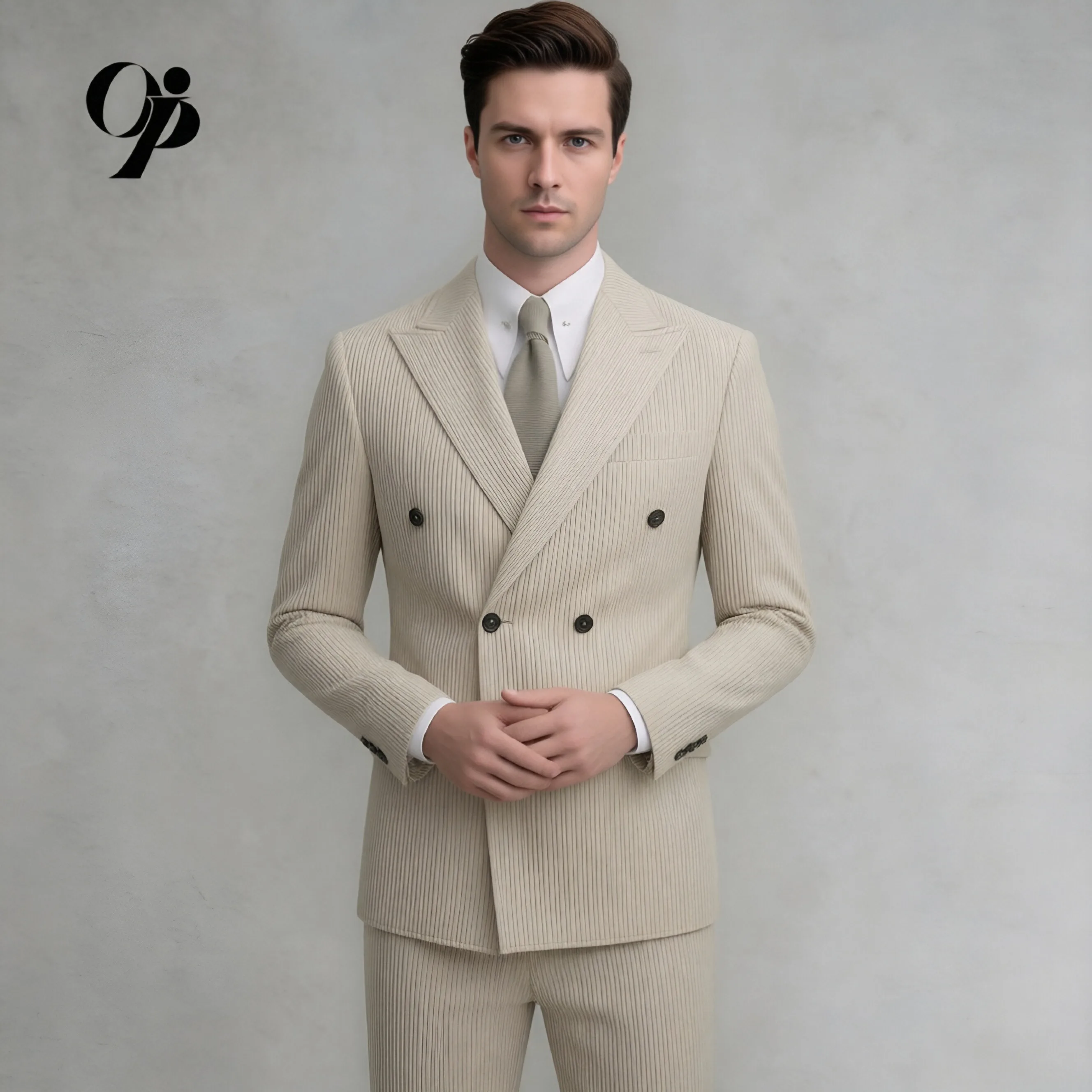 

Retro Gentleman Light Khaki Suit 2-Piece Slim Fit by Opeodly Smart Casual Wear with Soft Ribbed Corduroy Fabric