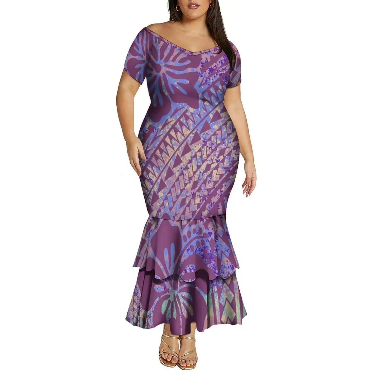 Vestido feminino grande com decote em V, ombro de fora, camada dupla, rabo de peixe, um padrão de vestido fino feito sob medida para polinésia