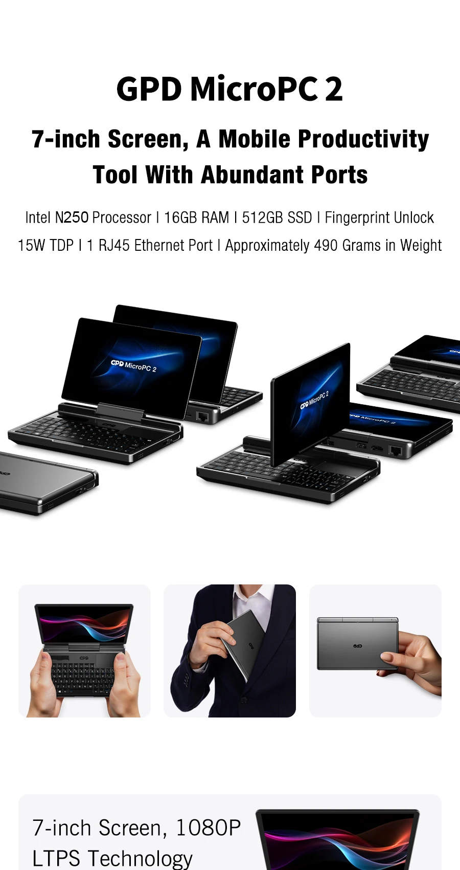 2025 New GPD Micro PC 2 7Inches Mini Industry Laptop Intel® Core™ I3-N250 16GB-512GB Windows 11 Portable Computer Notebook